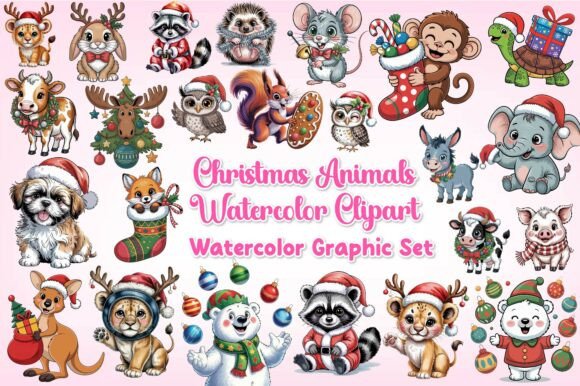 Christmas Animals Watercolor Clipart & Illustrations