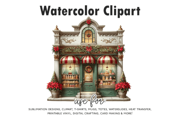 Christmas Bakery Storefront Clipart & Illustrations