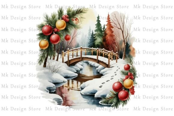 Christmas Landscape Bridge PNG & Illustrations