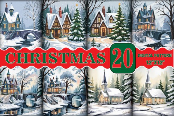 Christmas Village Scenes Digital Paper: Festive Illustrations