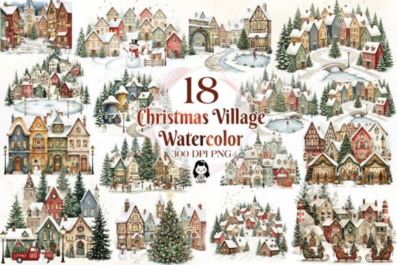 Christmas Village Watercolor Bundle Illustrations