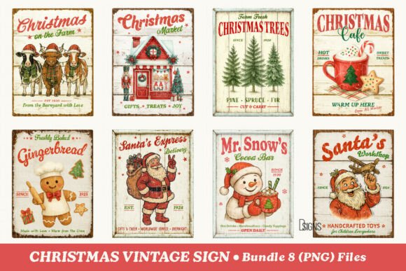 Christmas Vintage Farmhouse Sign Bundle: Rustic Illustrations