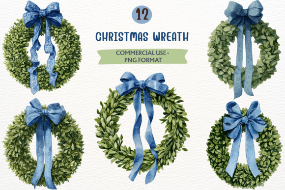 Christmas Wreath PNG Blue Bow Clipart for Illustrations