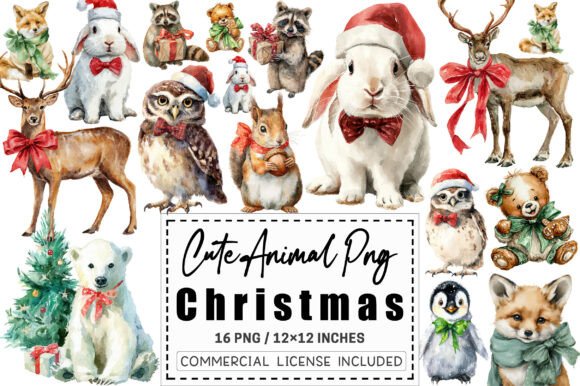 Cute Animal Christmas with Bow Clipart Illustrations