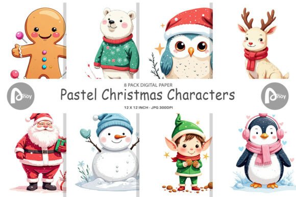 Digital Paper Pastel Christmas Character Illustrations