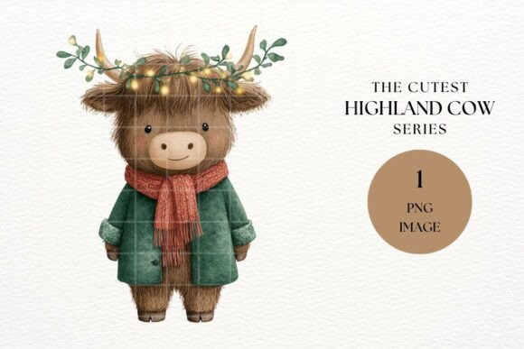 Kawaii Christmas Highland Cow PNG Illustrations