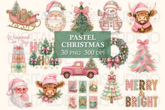 Pink Christmas PNG Bundle: Festive Illustrations