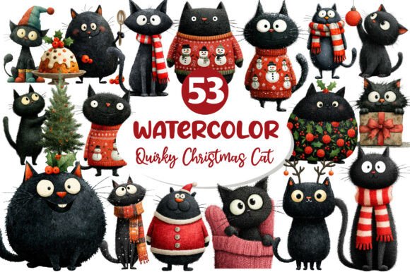 Quirky Christmas Black Cat Clipart & Illustrations