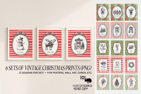 Vintage Christmas Prints PNG for Illustrations