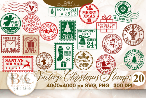 Vintage Christmas Stamps SVG Bundle: Illustrations for Branding