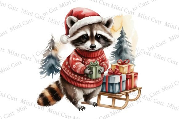 Watercolor Christmas Racoon Clipart & Illustrations